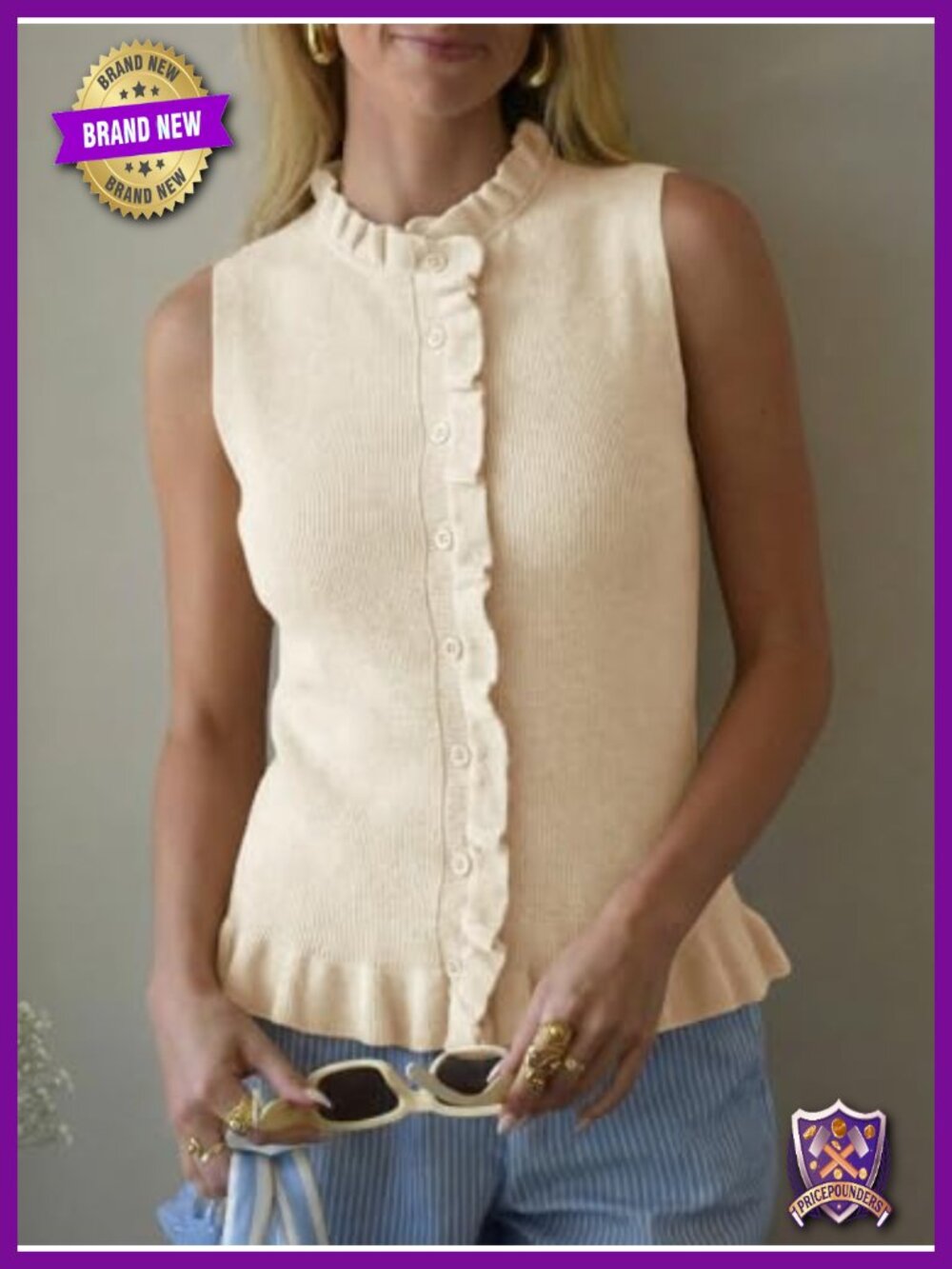 Sleeveless Ribbed Knit Ruffle Button Tank - Picture 3 of 5
